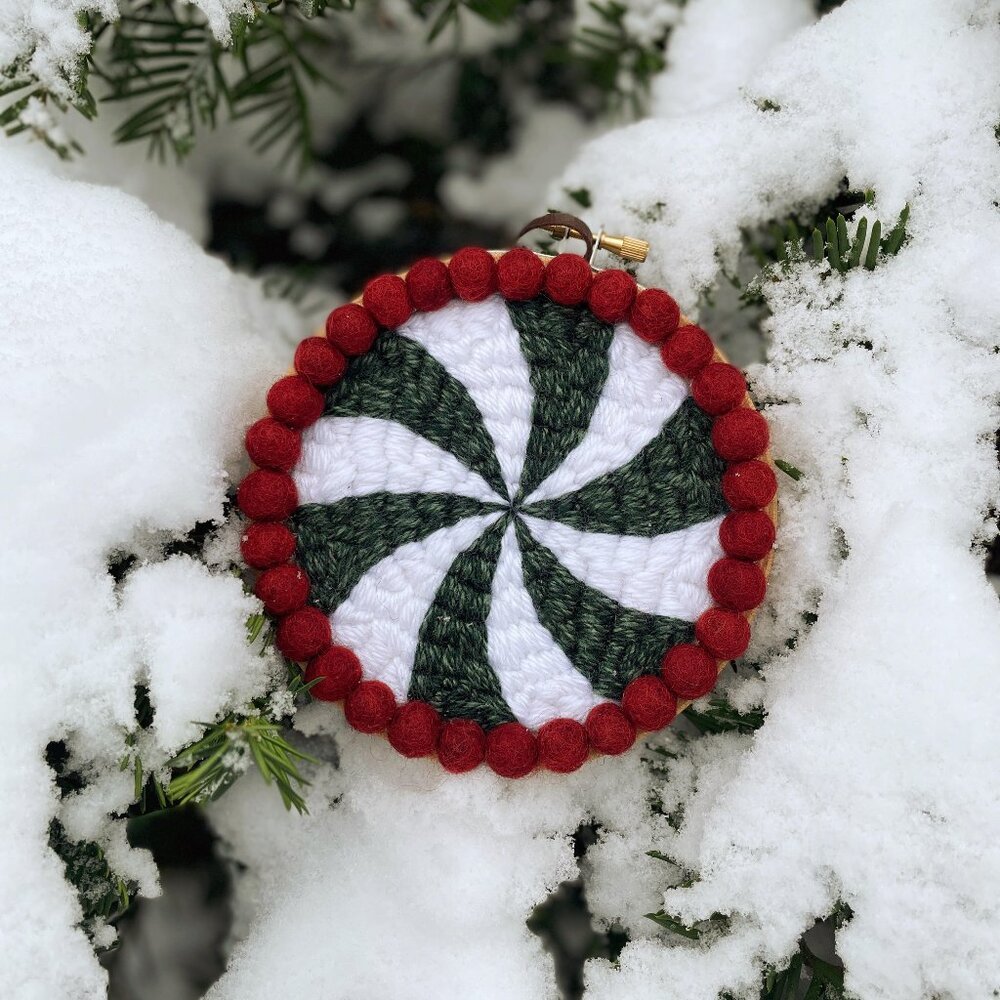 Handmade Christmas Peppermint Yarn Hoop Art Winter Ornament Holiday Decor